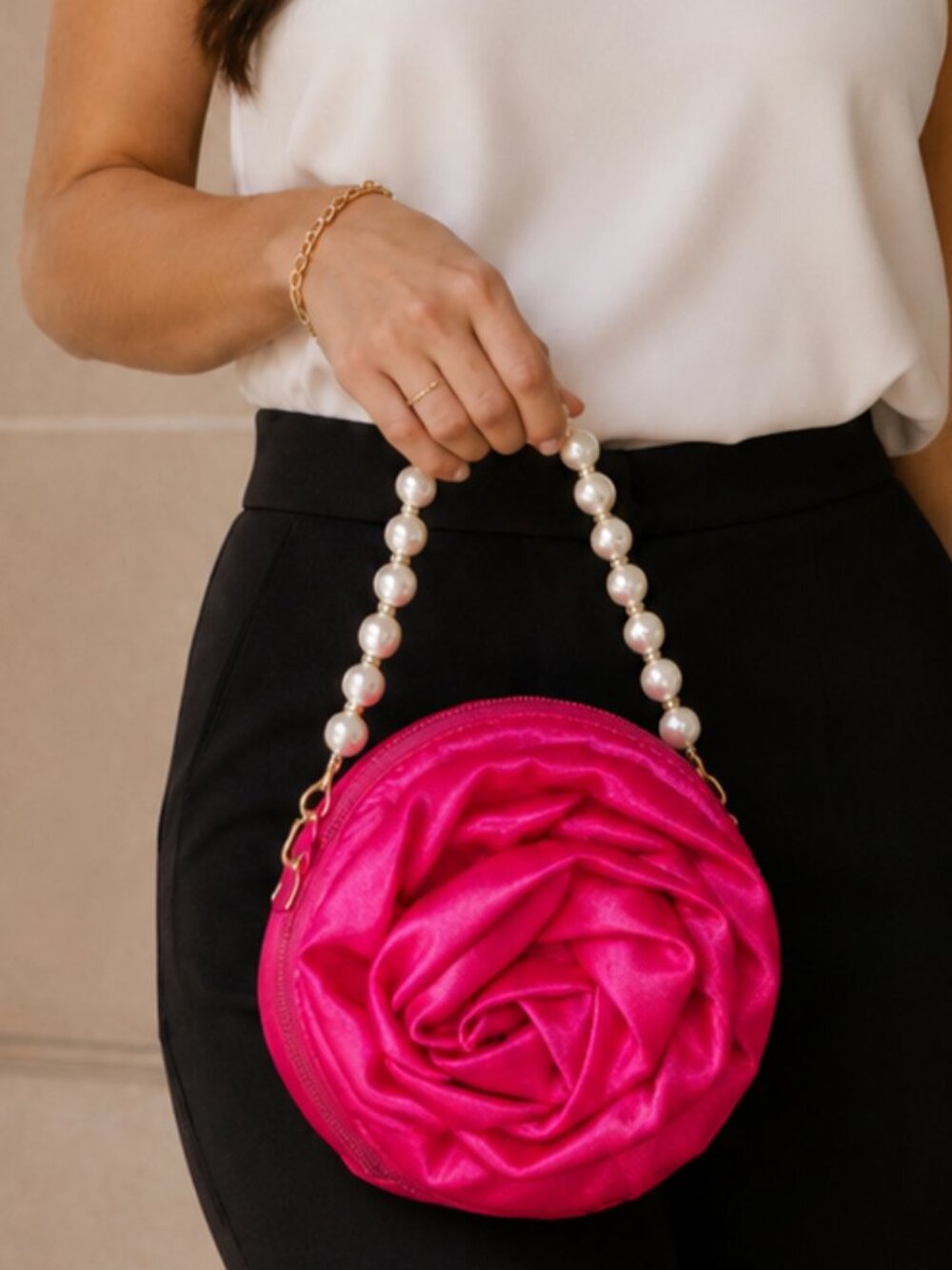Fuchsia Hot Pink Satin Rose Pearl Handle Evening Bag Removable Strap Purse NWT